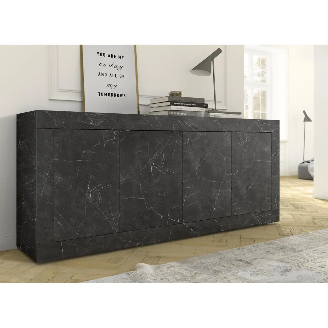 Buffet 4 portes BASIC décor marbre noir | 3 Suisses