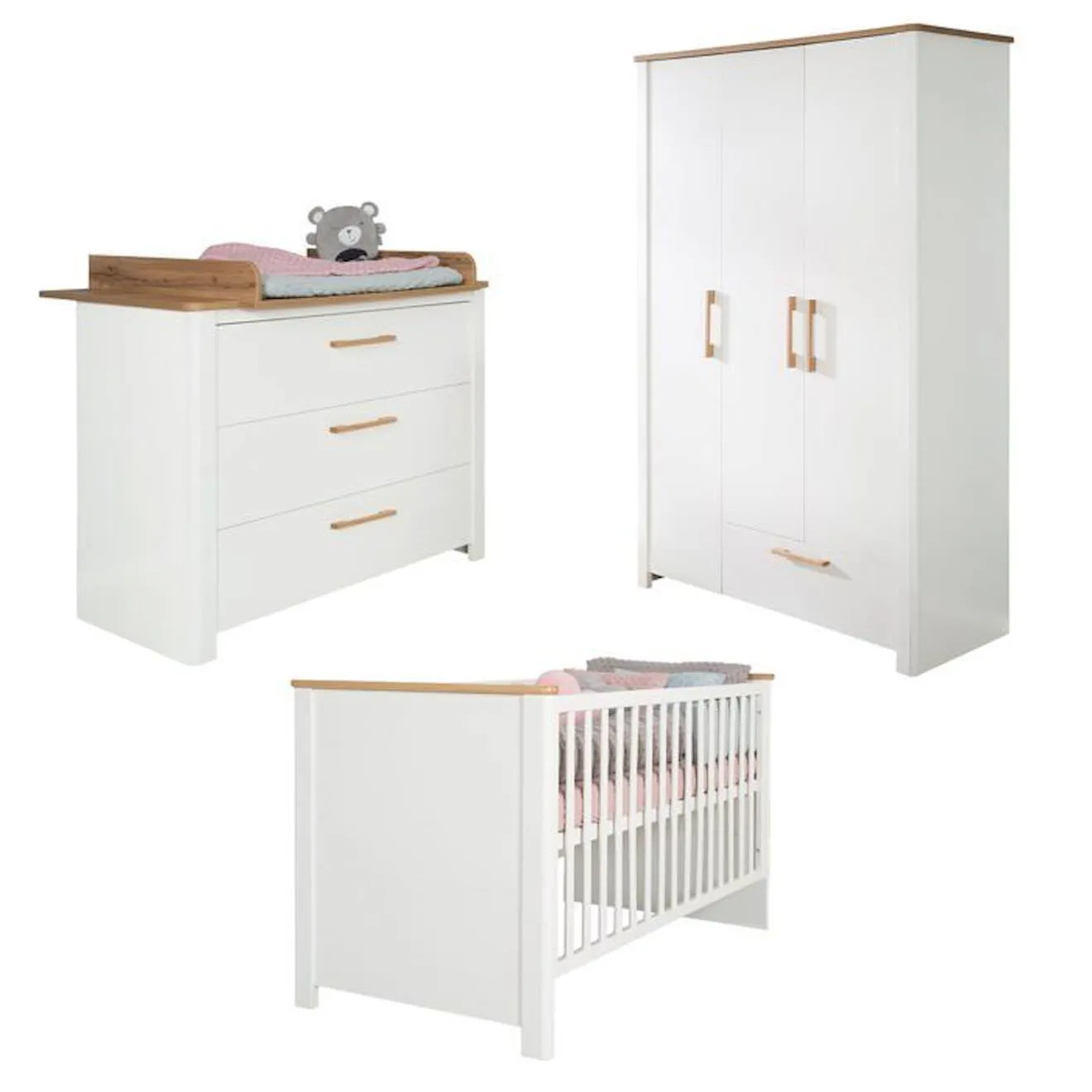 Chambre Bébé Complète ROBA - Ava - Lit évolutif - Blanc et aspect de chêne - Hauteur réglable blanc - Roba