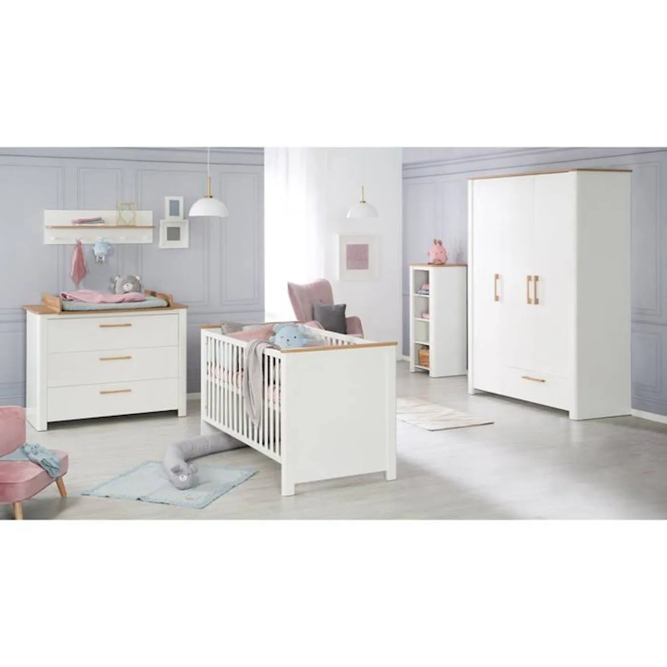 Chambre Bébé Complète ROBA - Ava - Lit évolutif - Blanc et aspect de chêne - Hauteur réglable blanc - Roba