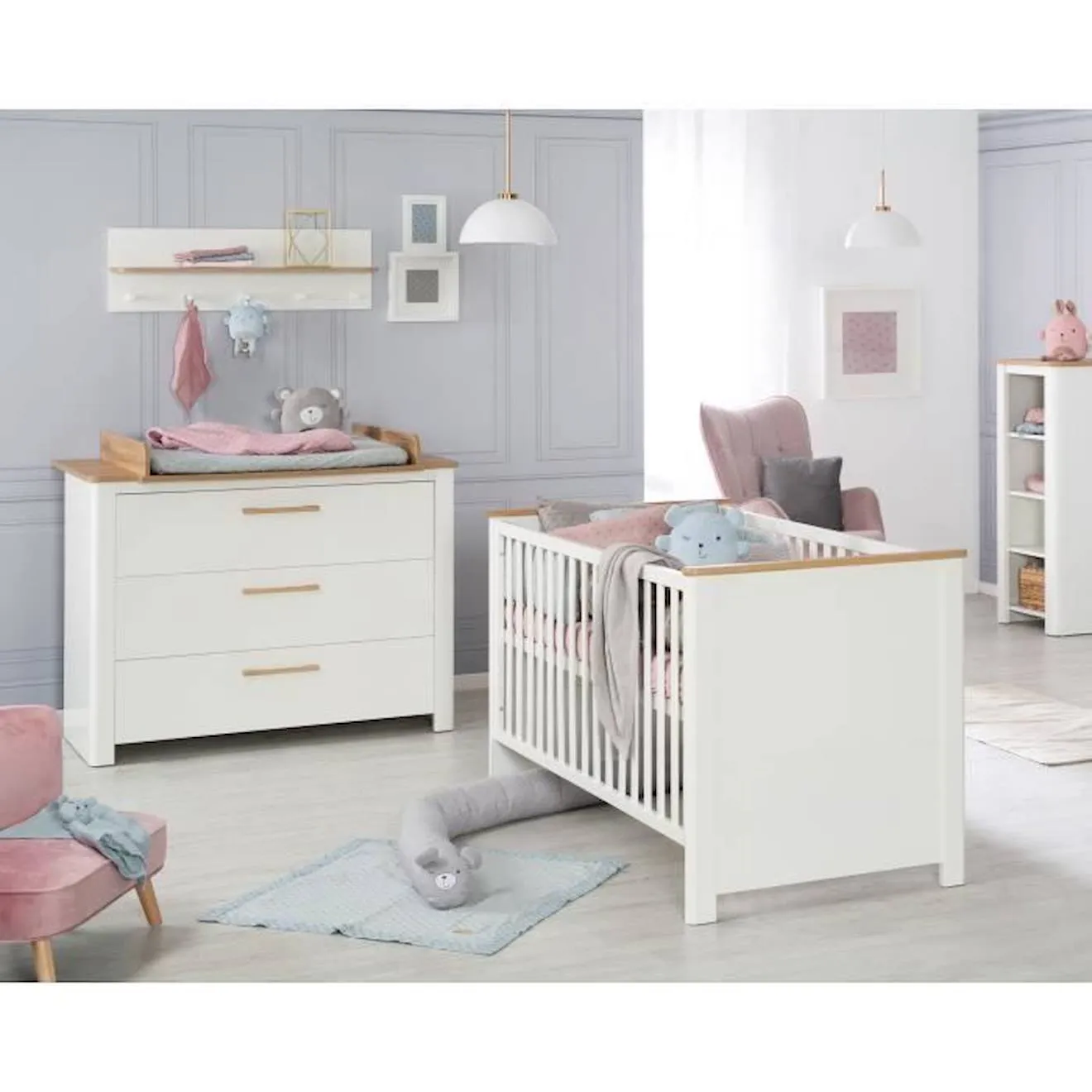 Chambre Bébé Complète ROBA - Ava - Lit évolutif - Blanc et aspect de chêne - Hauteur réglable blanc - Roba