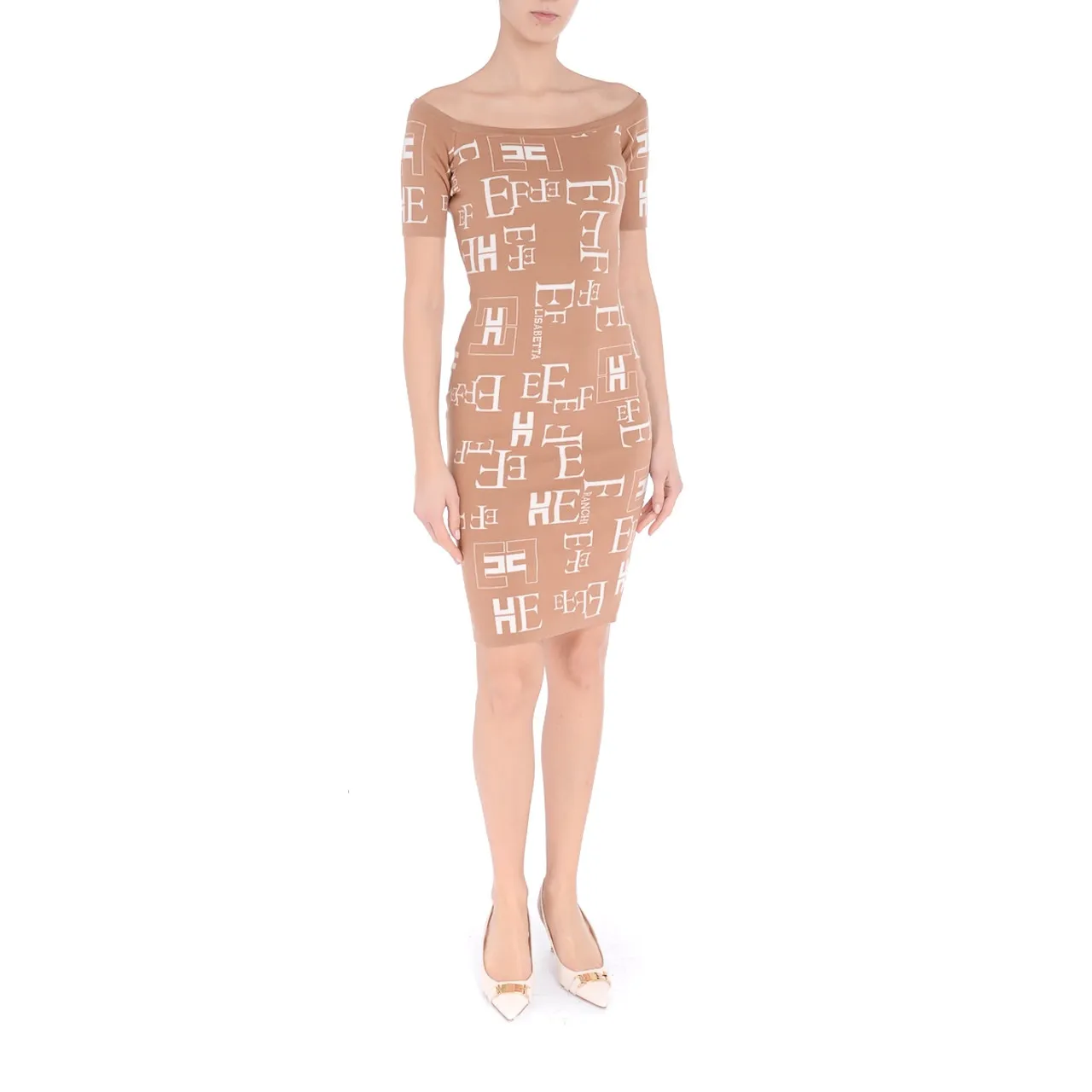 Elisabetta Franchi Robe fourreau lettres camel