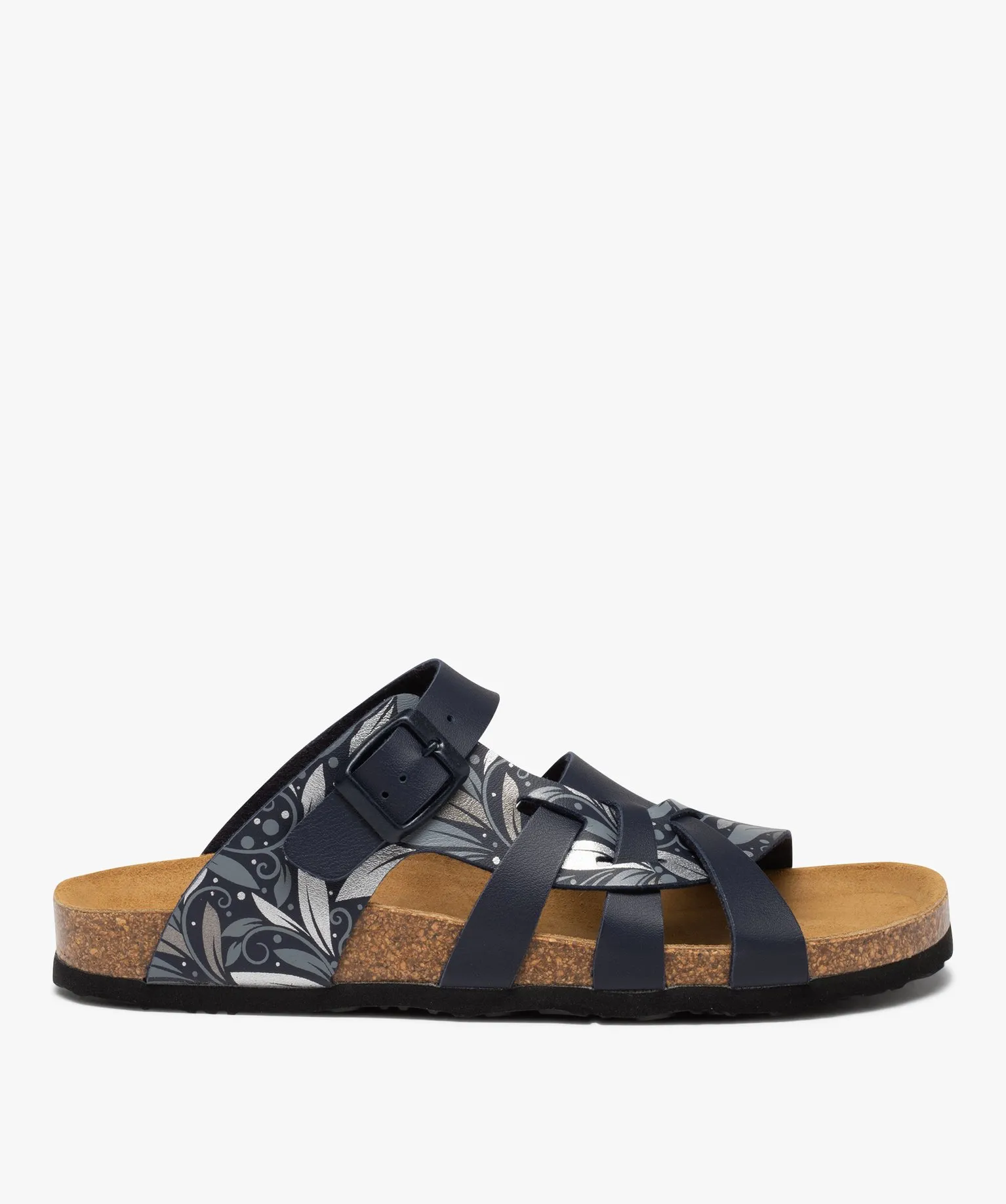 mules femme a talon plat  et brides multiples imprimees bleu sandales plates et nu-pieds