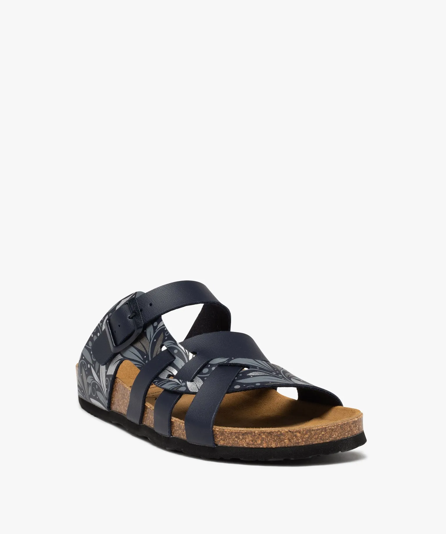 mules femme a talon plat  et brides multiples imprimees bleu sandales plates et nu-pieds