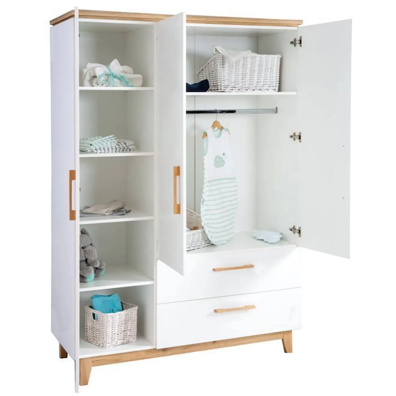 ROBA Armoire Bébé "Finn" 3 portes - 2 tiroirs - Blanc/décor 'chêne doré' blanc - Roba