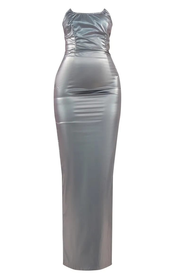 Robe longue en acétate bleue métallisée à ourlet pointu