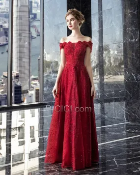 Robe Soirée Dentelle Appliques Bordeaux Princesse Élégant Robe De Ceremonie Longue Robe D'honneur Epaule Dénudée