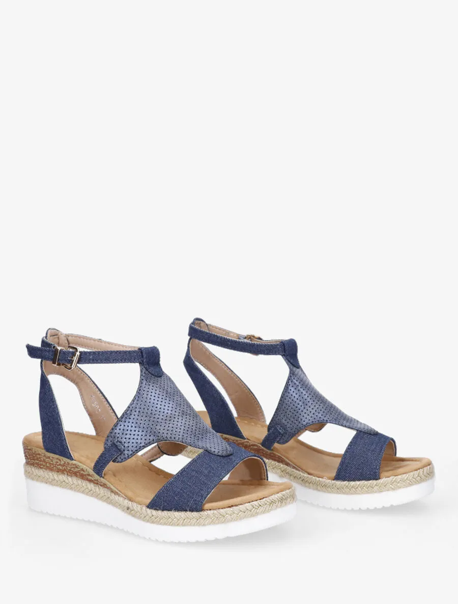 Sandales compensées bi-matière - Bleu denim