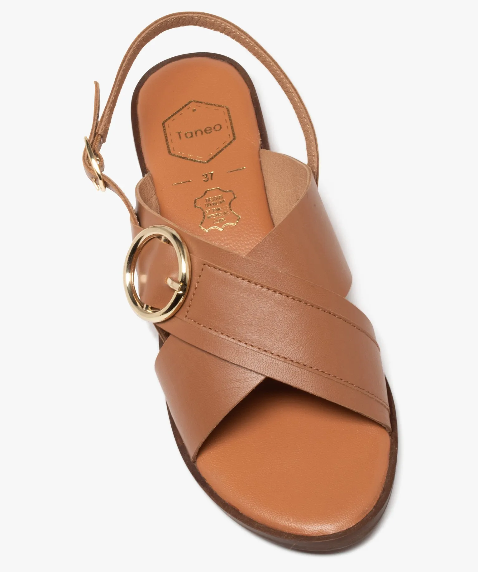 Sandales femme casual en cuir unie avec brides à boucle fantaisie marron