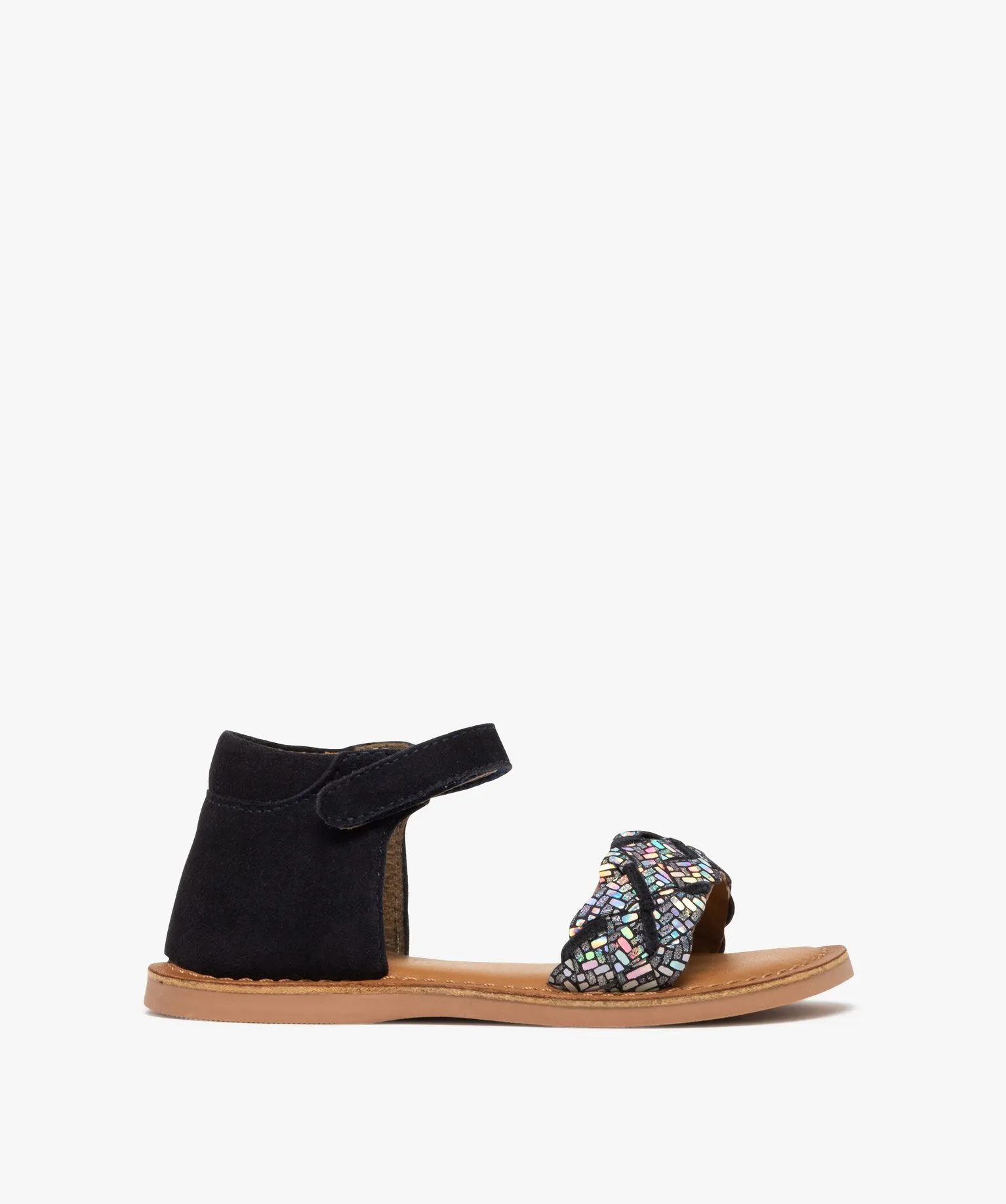 sandales fille en cuir avec bride scratch et talon ferme noir