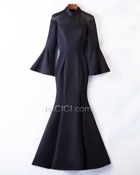 Satin Manche Cloche Manche Longue Longue Col Haut Robe Pour Mariage Élégant Robe Mère De Mariée Noire Fendue