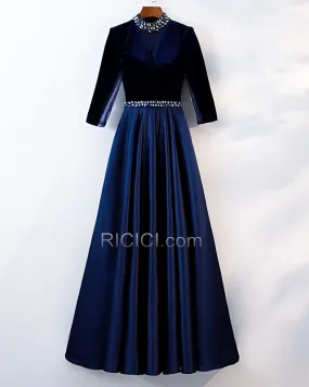 Satin Élégant Modeste Robe De Ceremonie Manche Longue Évasée Col Haut Robe Mère De Mariée