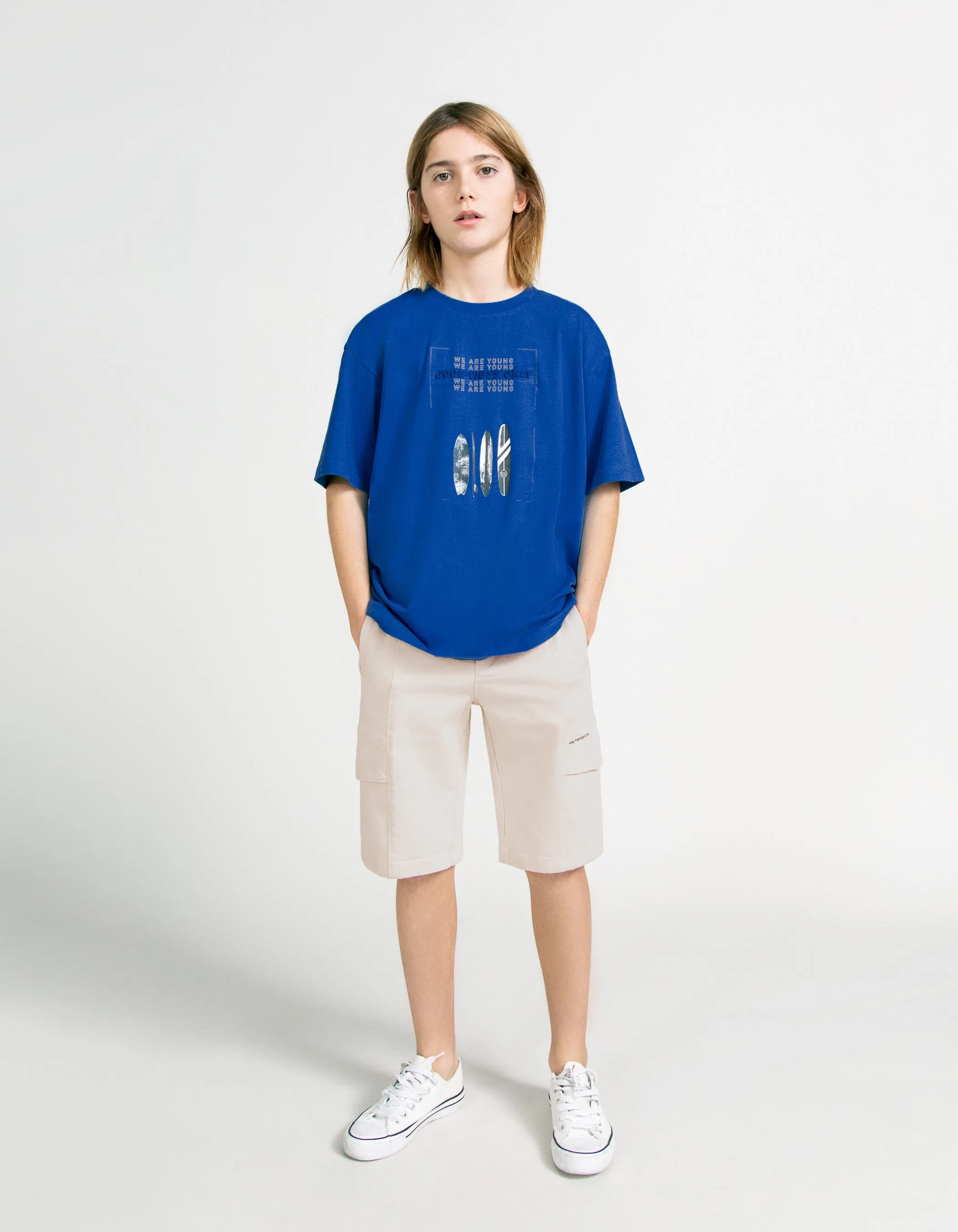 T-shirt bleu coton bio surfs et message embossé garçon