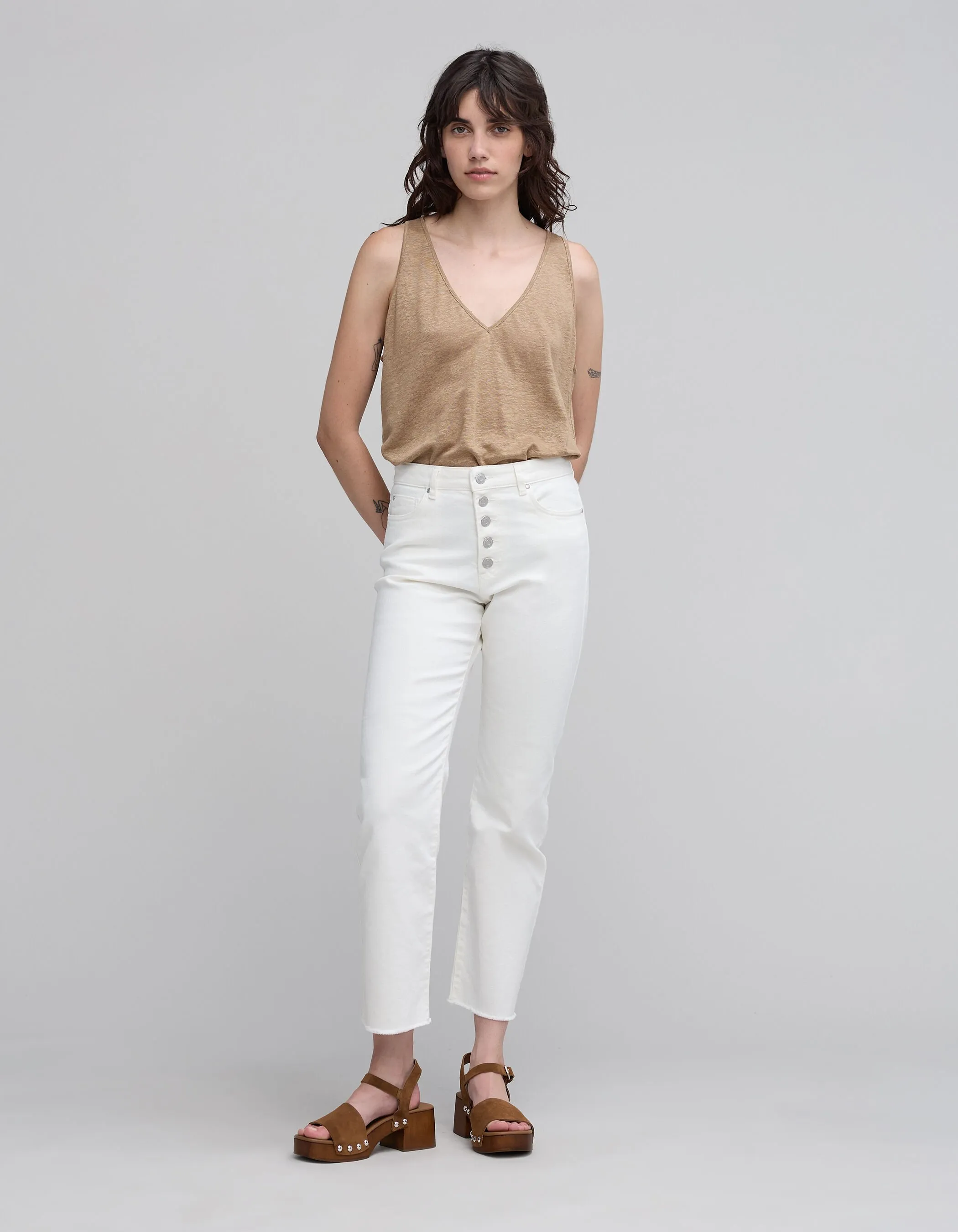 Top beige en coton bio sans manches Femme