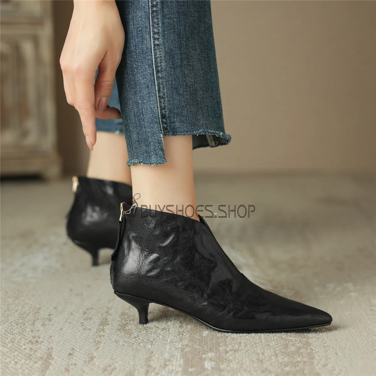 Vintage Habillé Talon Aiguille Cuir Confort Bottines Kitten Heel Vernis A Petit Talon